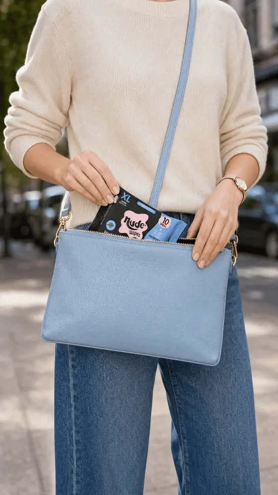 Una persona guarda un sachet de NUDE en un bolso cruzado.